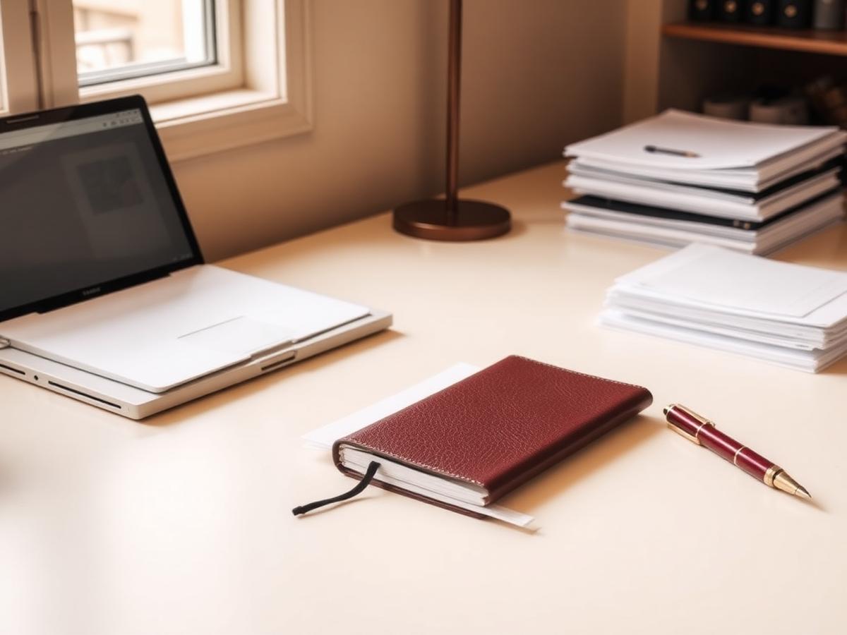 Escritorio administrativo organizado con documentos y portátil